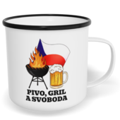 Hrnek plecháček s potiskem na míru - Pivo, gril a svoboda