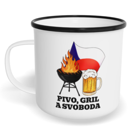 Hrnek plecháček s potiskem na míru - Pivo, gril a svoboda