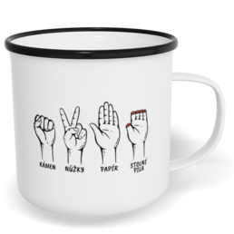 Hrnek plecháček s potiskem na míru - Kámen, nůžky, papír