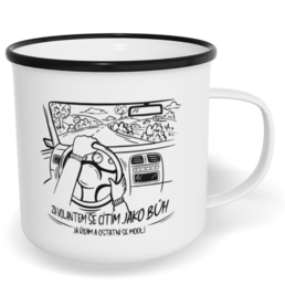 Hrnek plecháček s potiskem na míru - Za volantem se cítím jako Bůh