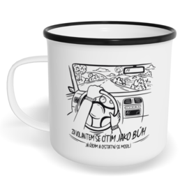 Hrnek plecháček s potiskem na míru - Za volantem se cítím jako Bůh