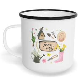 Hrnek plecháček s potiskem na míru - Jaro, vítej