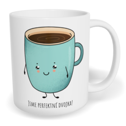 Hrnek klasický malý s vlastním potiskem - Káva a koláček kluk - párový