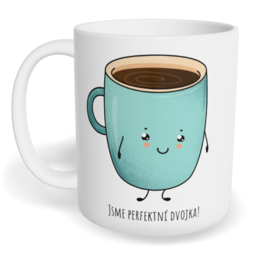 Hrnek klasický malý s vlastním potiskem - Káva a koláček kluk - párový