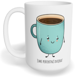Hrnek klasický velký s vlastním potiskem - Káva a koláček kluk - párový