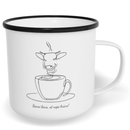 Hrnek plecháček s potiskem na míru - Ranní káva, ať nejsi kráva