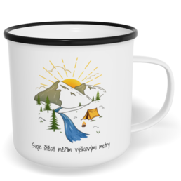 Hrnek plecháček s potiskem na míru - Svoje štěstí měřím výškovými metry