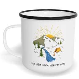 Hrnek plecháček s potiskem na míru - Svoje štěstí měřím výškovými metry